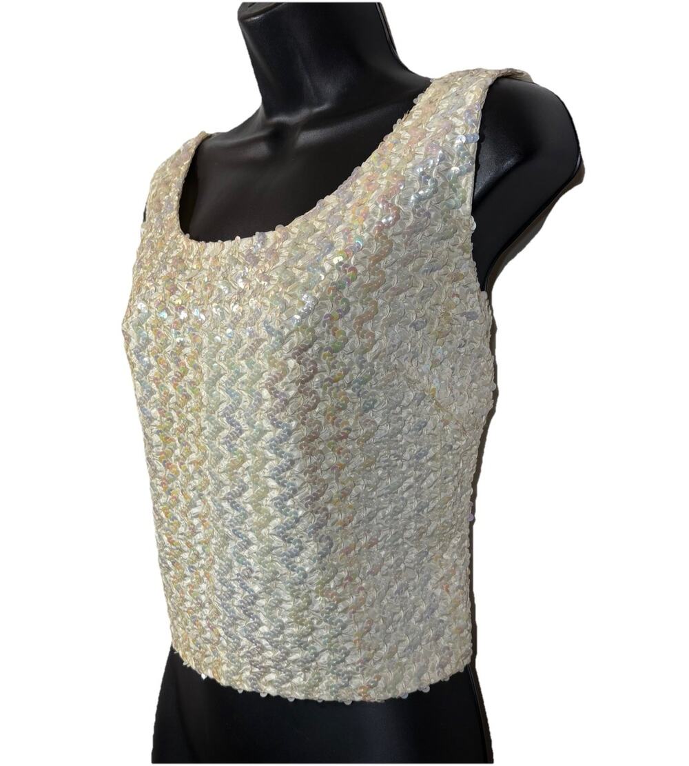 Iridescent White Sequin Top Vintage 50s 60s Zip Back Scoop Neck Glamour Party